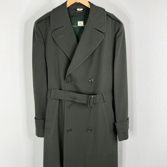 Vintage Military Wool Overcoat Gaberdine Belted Trench Removeable Liner 36L - Picture 2 of 16